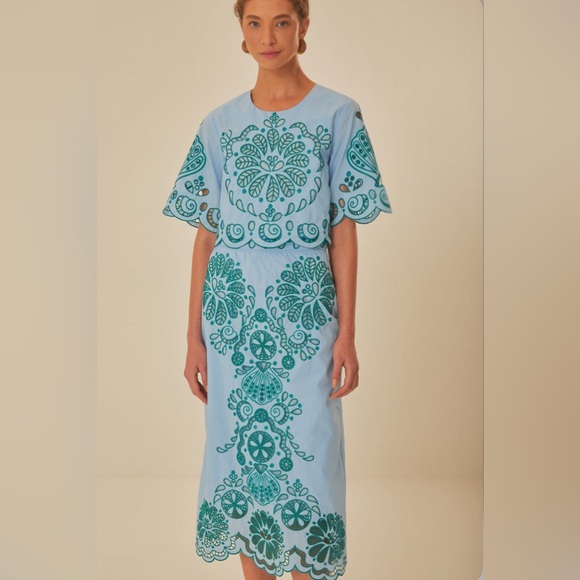 Farm Rio Light Blue And Green Graphic Richelieu Midi Skirt - Picture 3 of 9